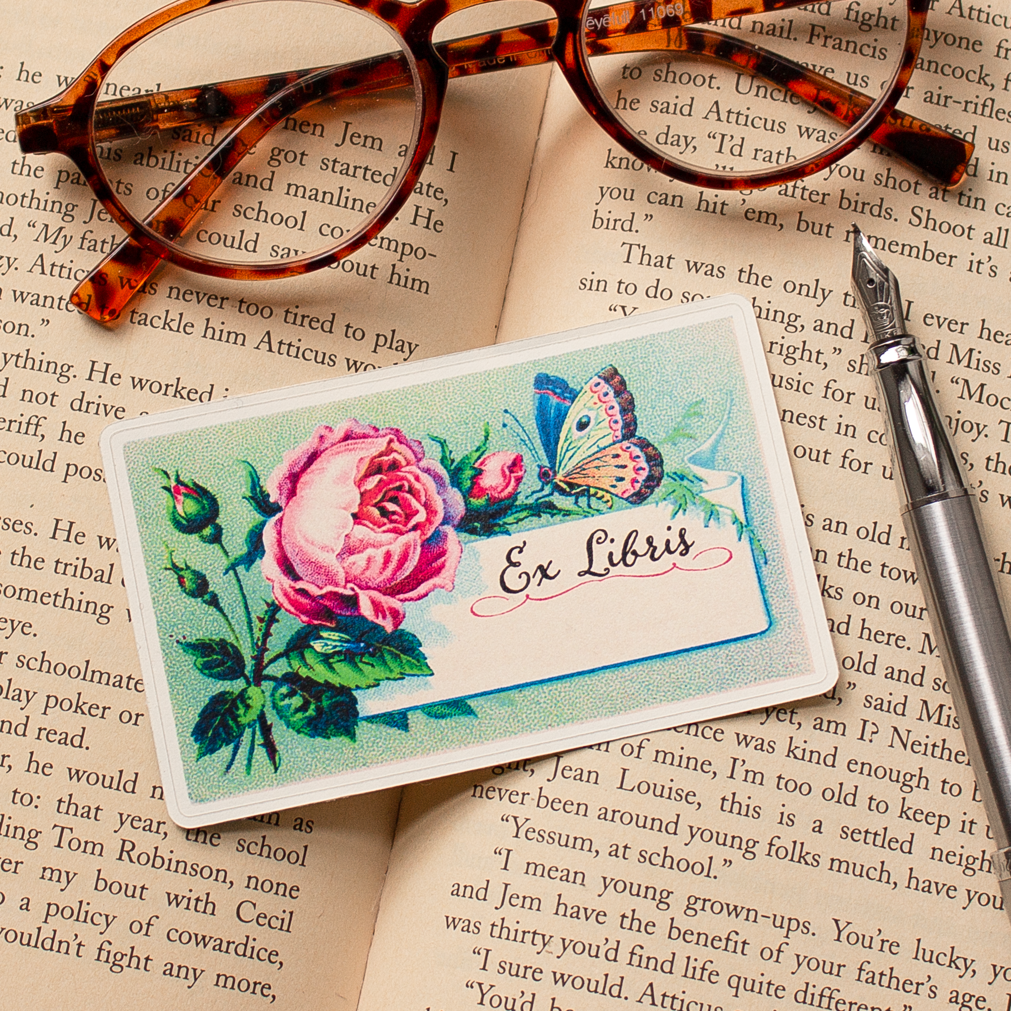 Rose and Butterfly Colorful Bookplate Stickers