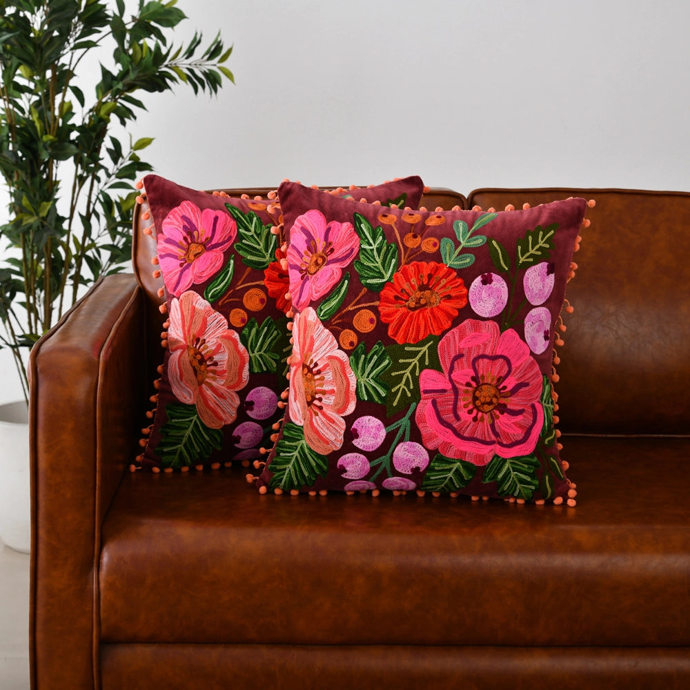 Plum Finest Blossom Canvas and Velvet Pillow 18X18