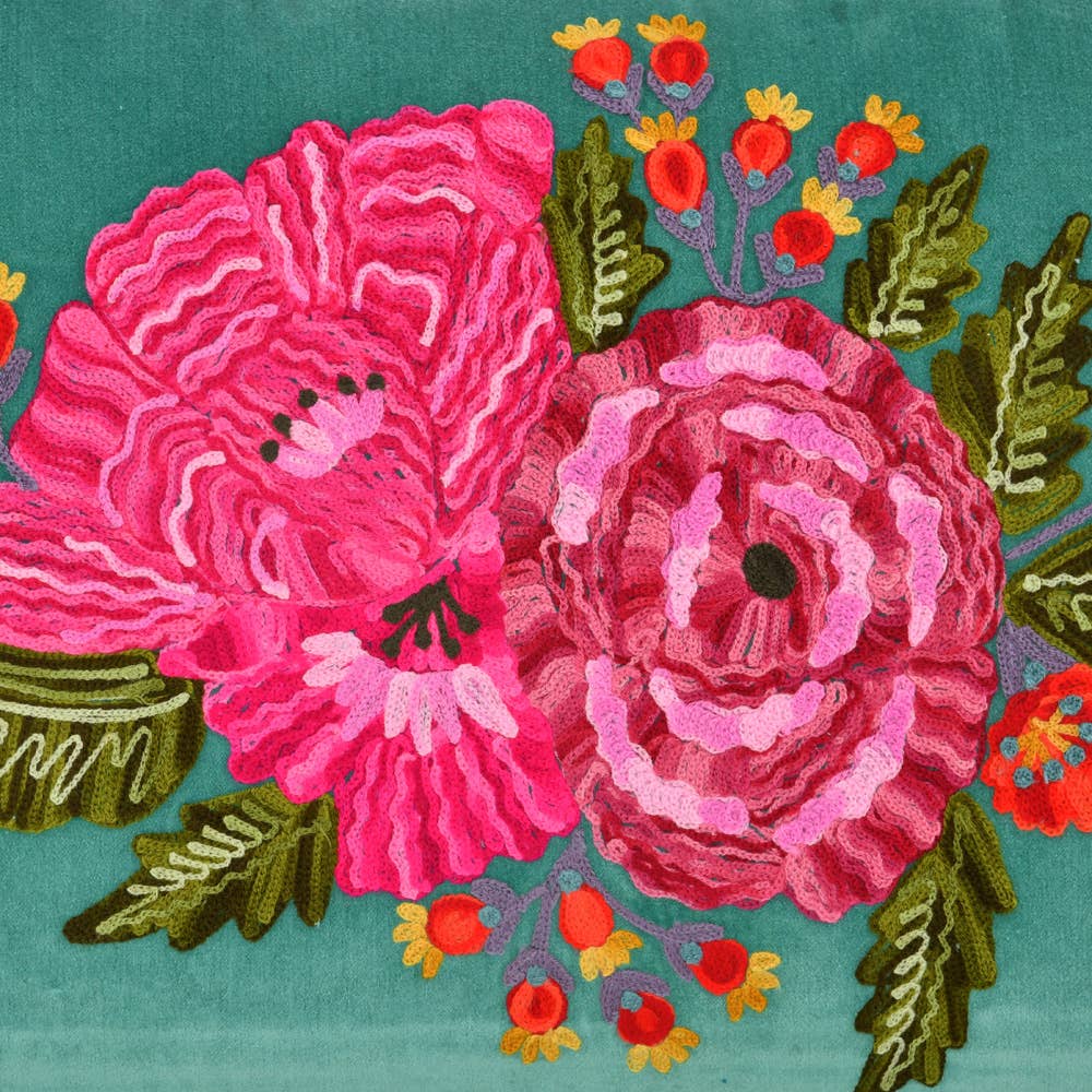 Deep Teal Velvet Floral Pillow 16x24"