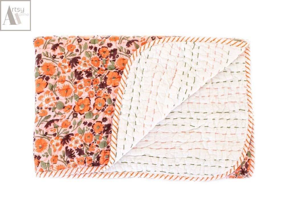 Baby Quilt | Floral Block Print | Peach or Green
