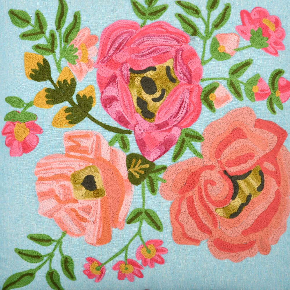 Spring Floral Pillow, Soft Blue 18X18"