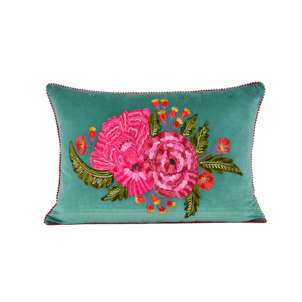 Deep Teal Velvet Floral Pillow 16x24"