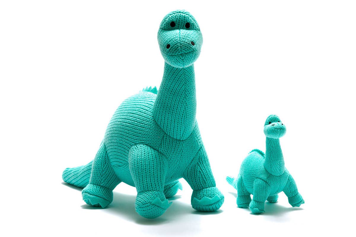 Knitted Diplodocus Dinosaur Baby Rattle | Ice Blue