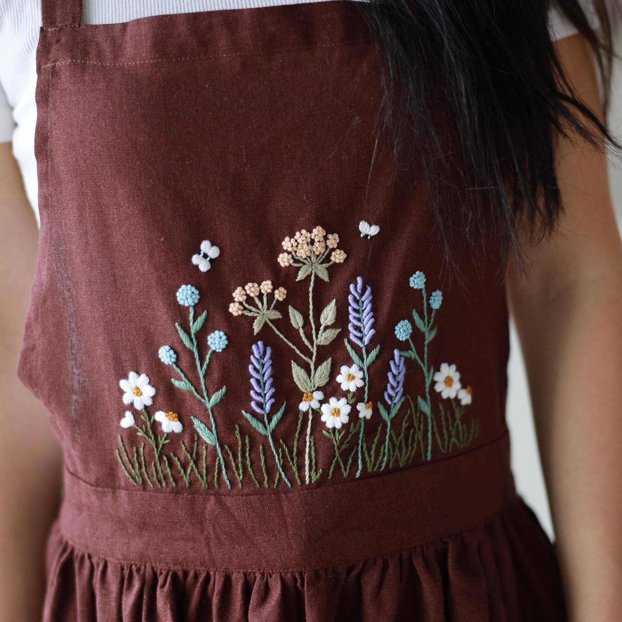 Hand Embroidered Linen Apron | Brown