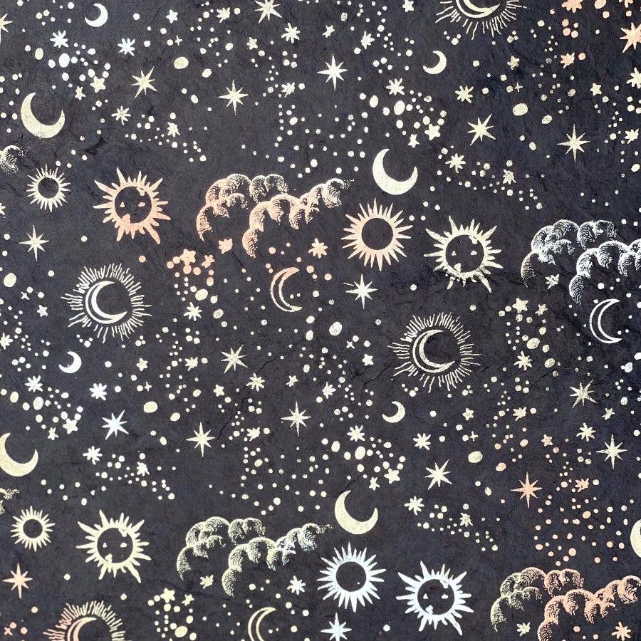 Celestial Print | Gold and Silver on Black | Lokta Wrapping Paper