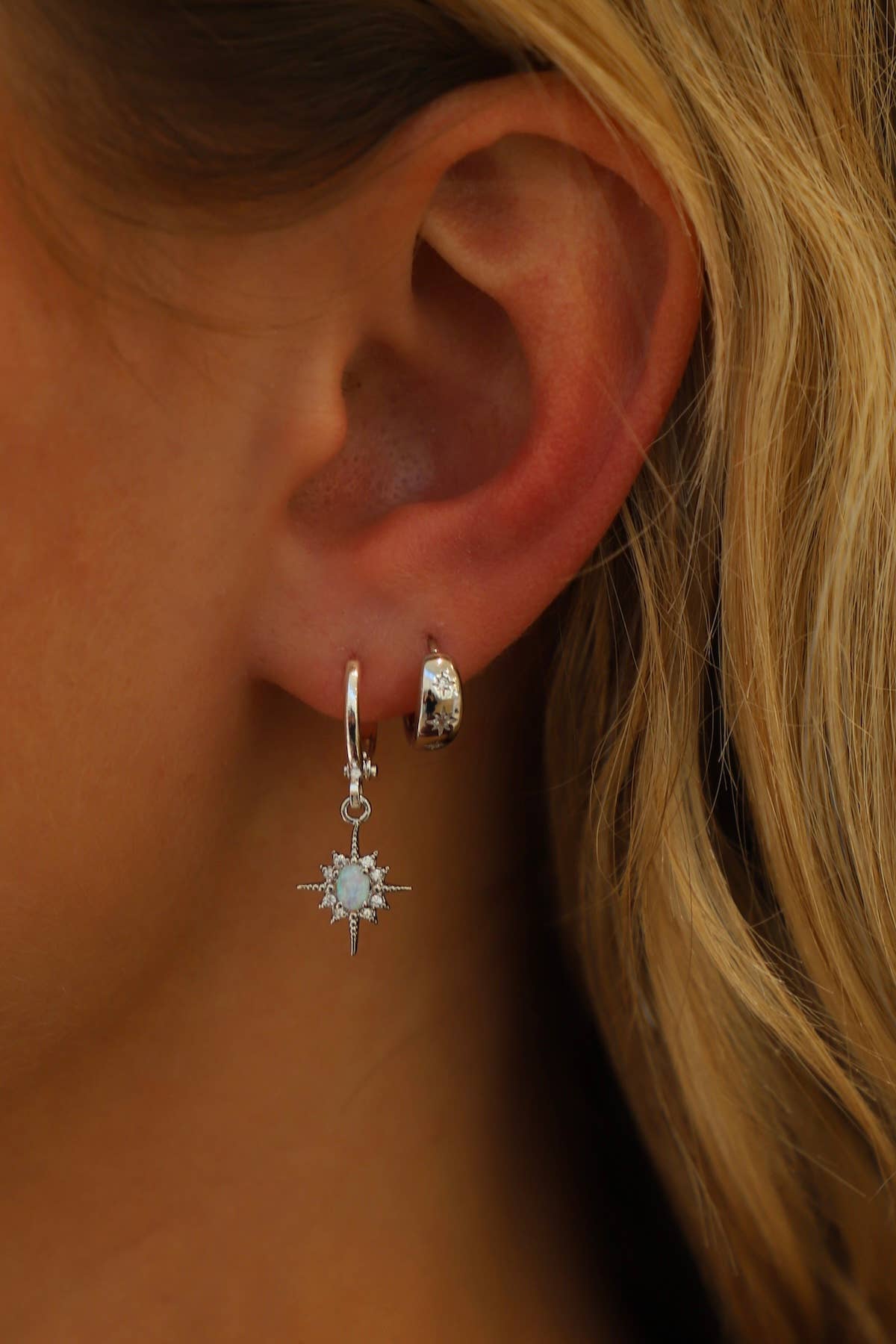 Silver Opalite Star Huggies