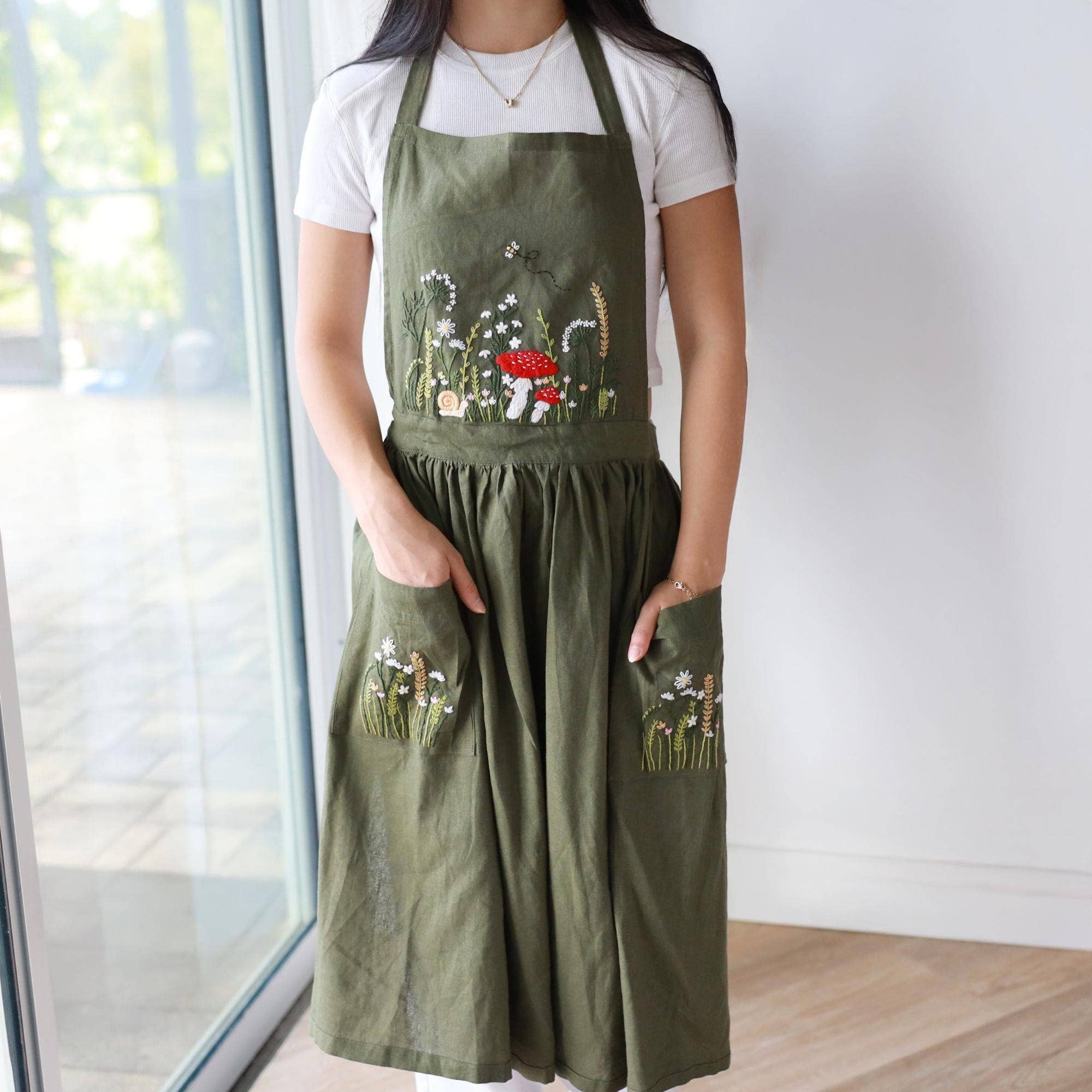 Woodland Hand Embroidered Linen Apron | Olive