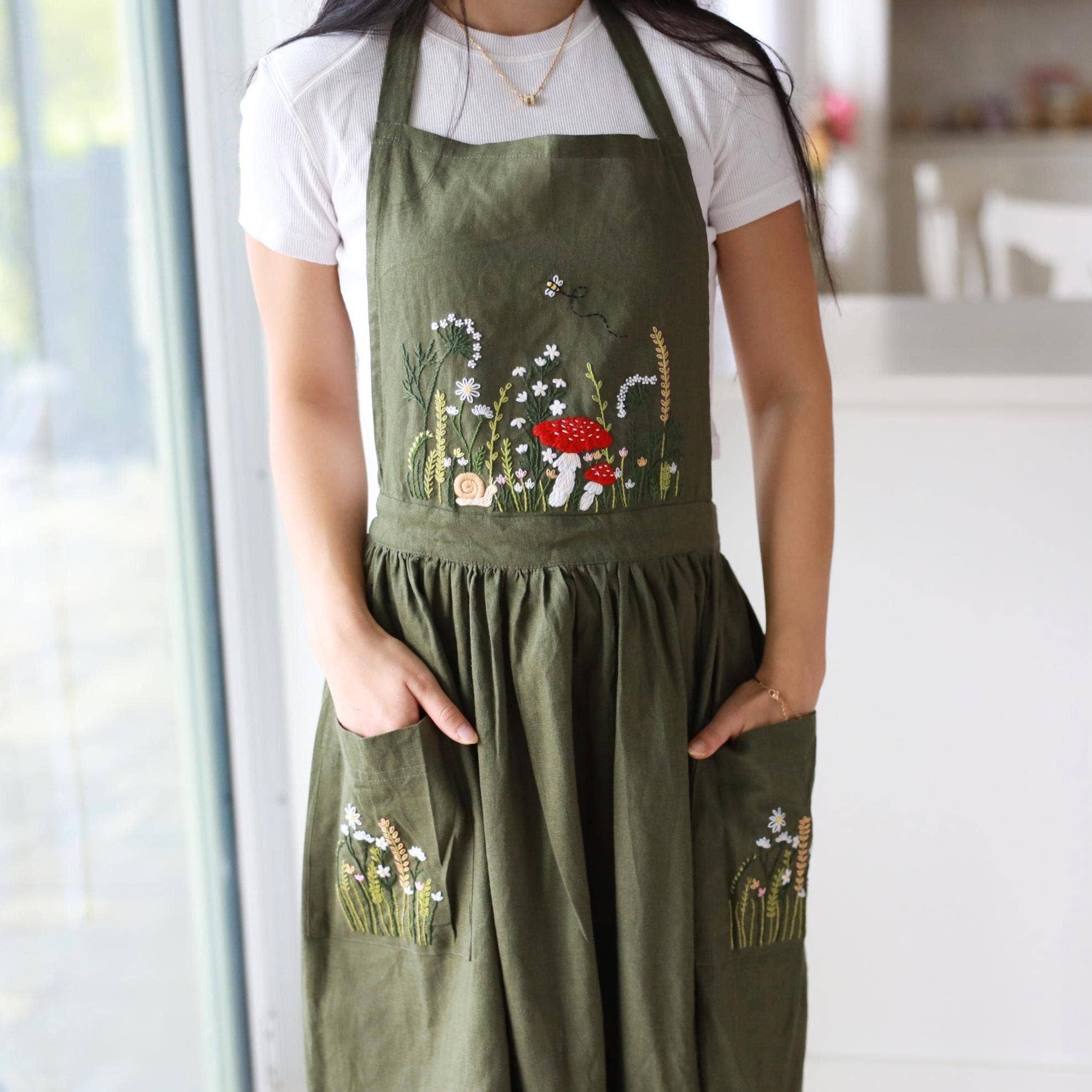 Woodland Hand Embroidered Linen Apron | Olive