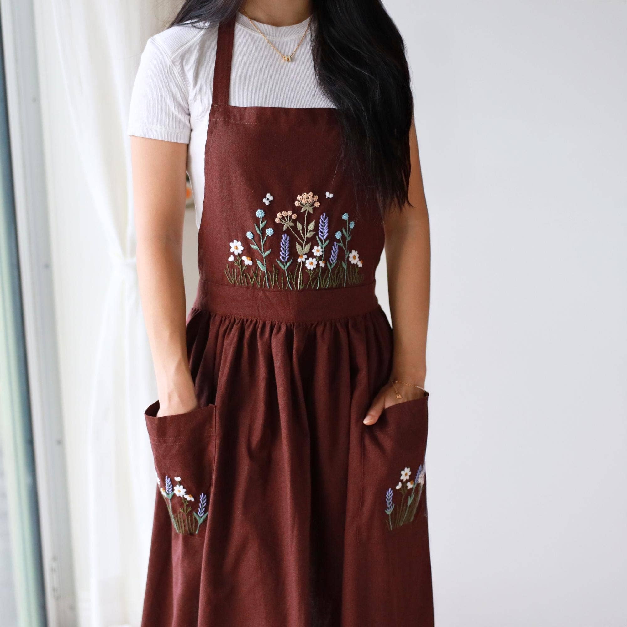 Hand Embroidered Linen Apron | Brown