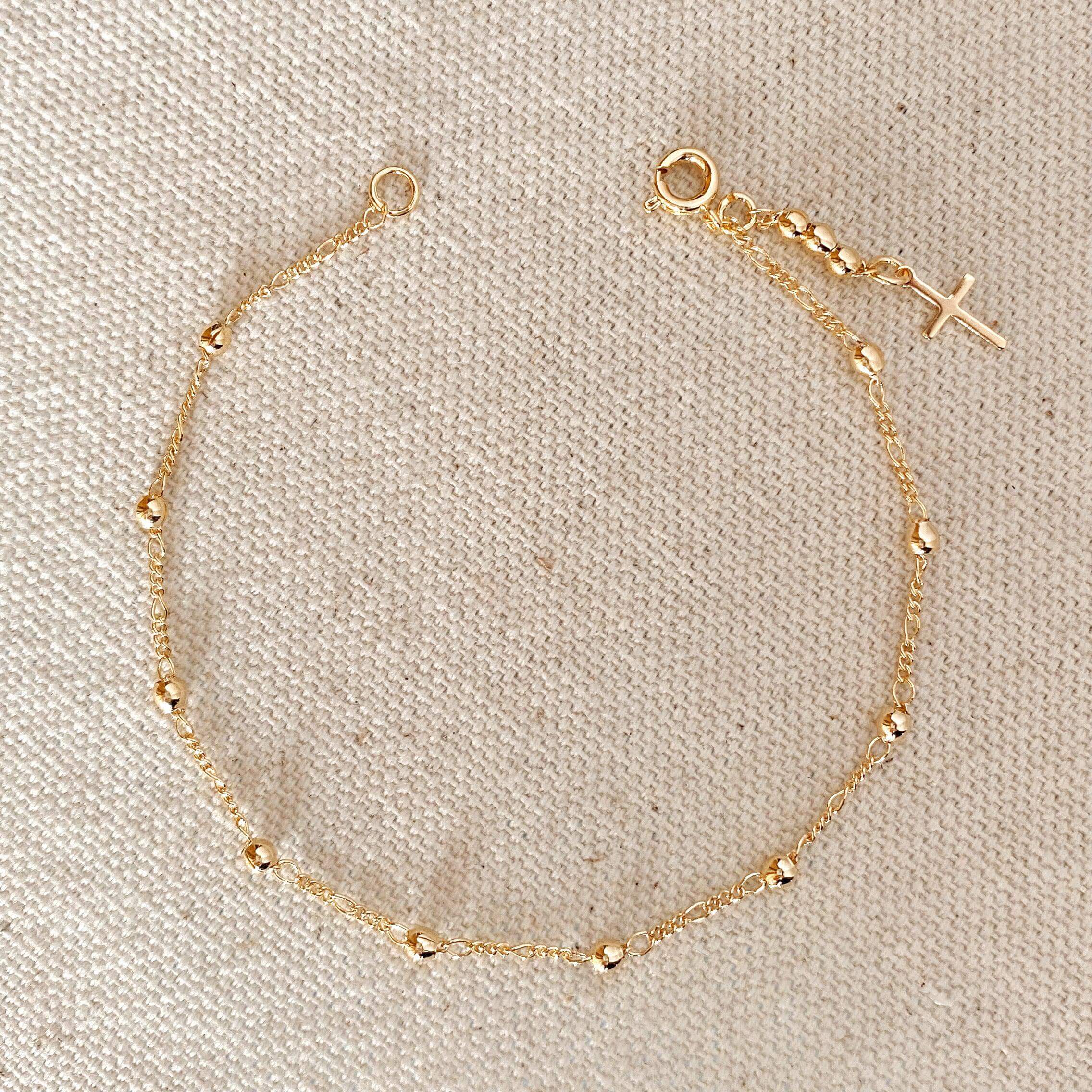 Beaded Bracelet with Cross Charm | 18k Gold Filled