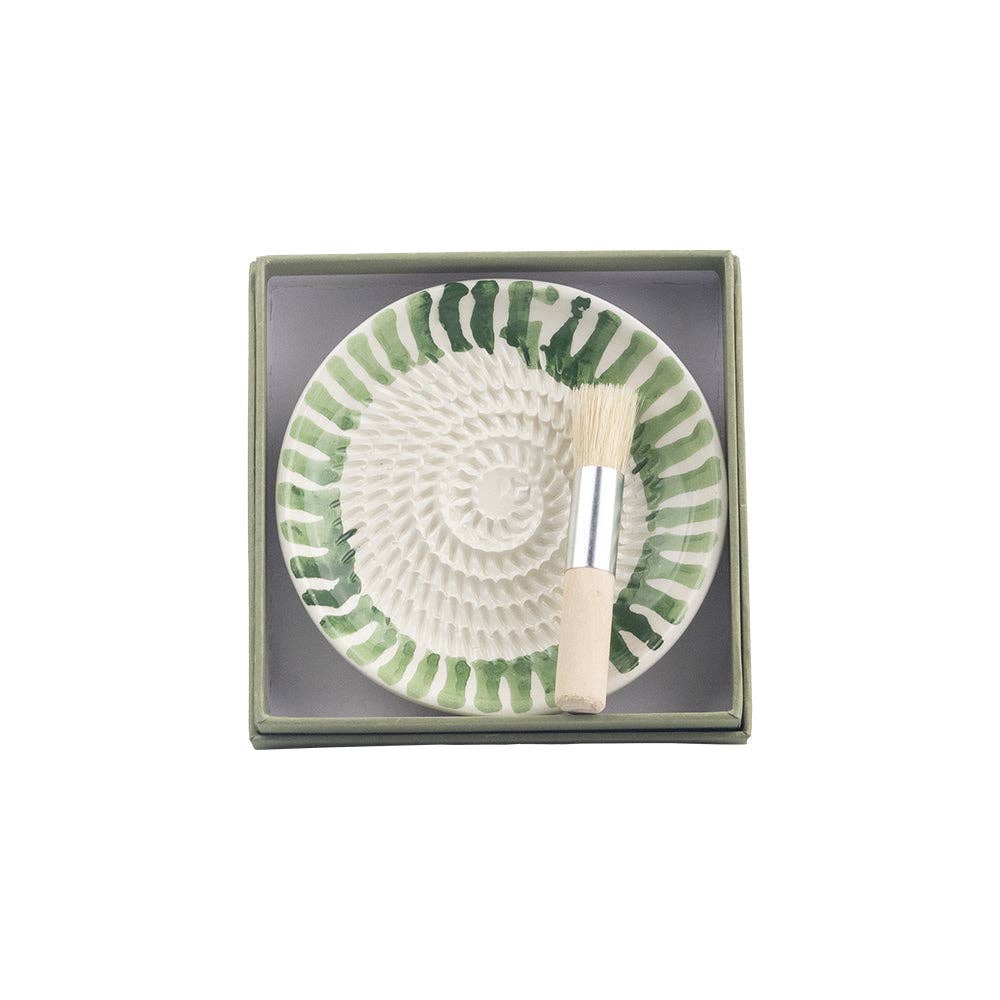 Green Stripe Ceramic Garlic Grater & Brush Set