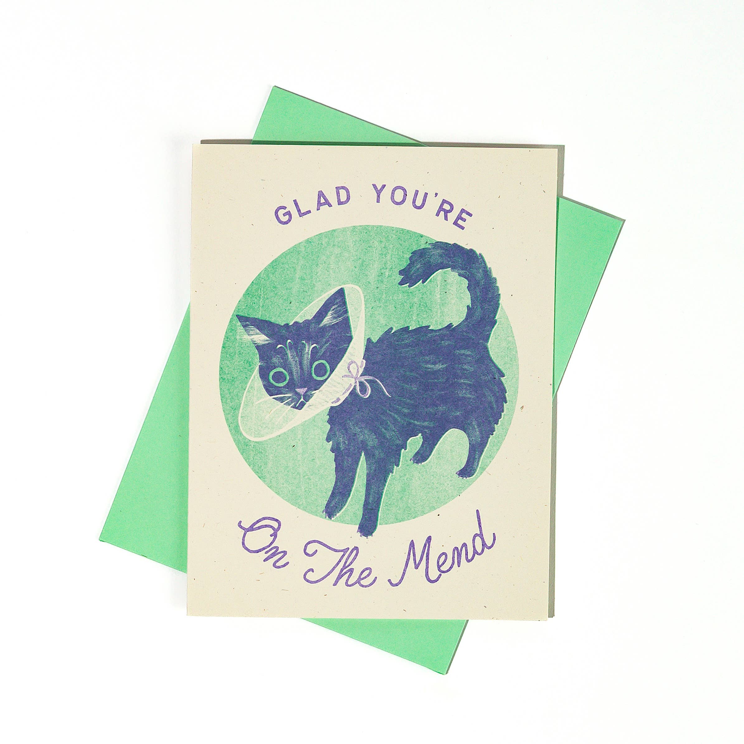 Glad You're On The Mend Cat - Risograph Get Well Card