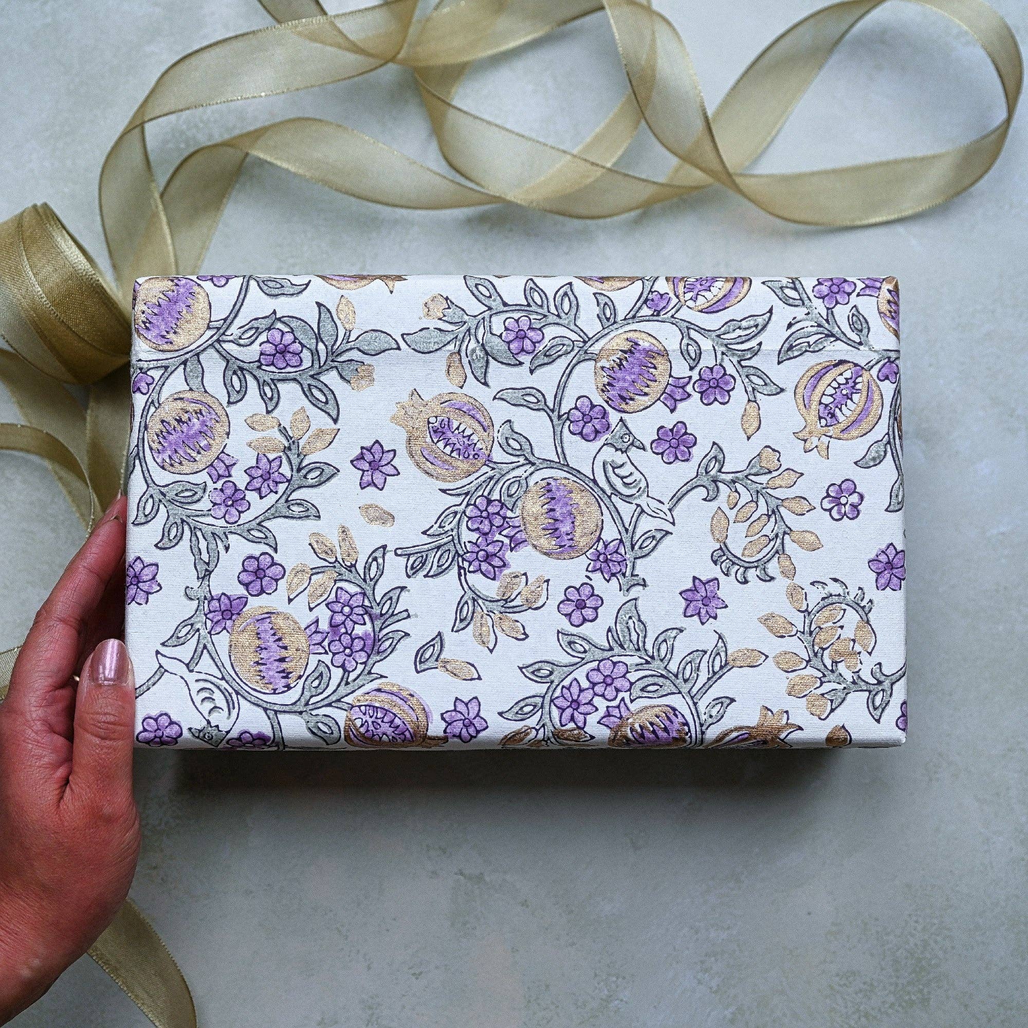 Block Printed Wrapping Paper Sheets - Pomegranate Lavender