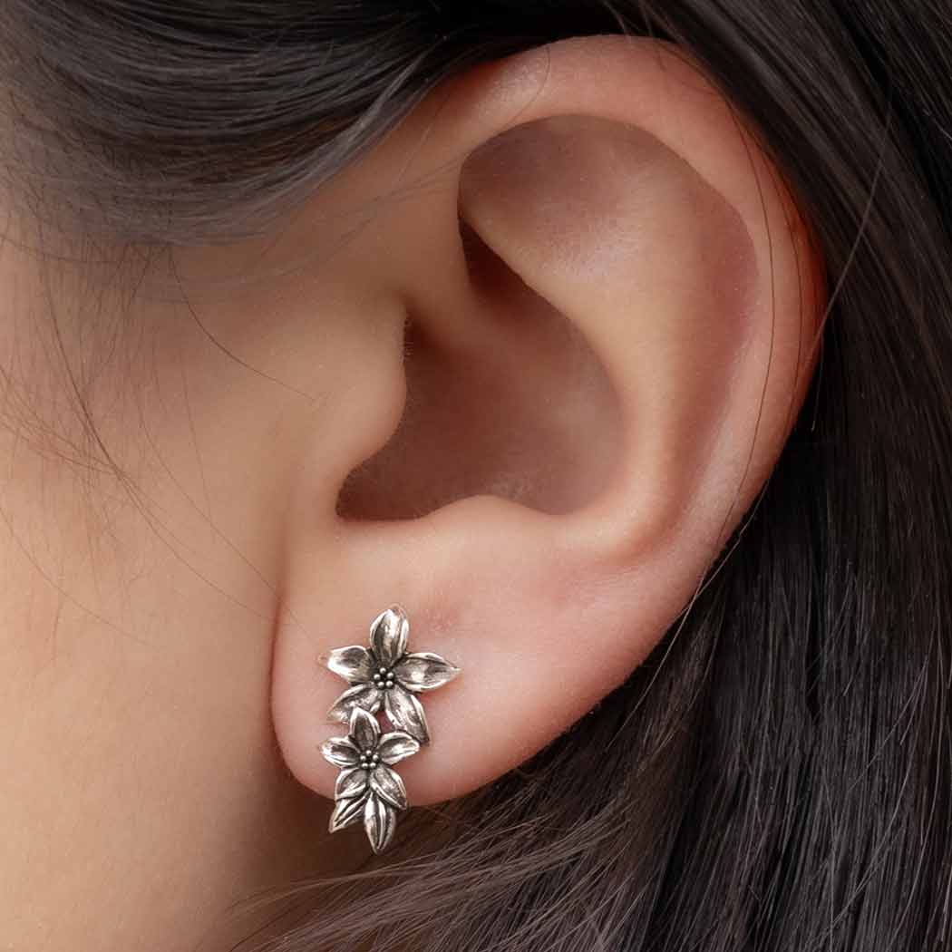 Sterling Silver Flower and Leaves Post Earrings 16x10mm