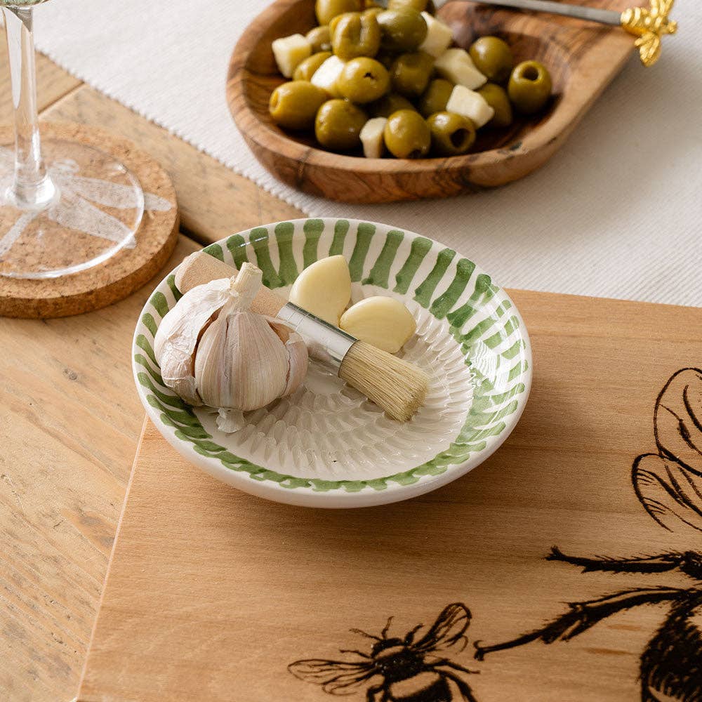 Green Stripe Ceramic Garlic Grater & Brush Set