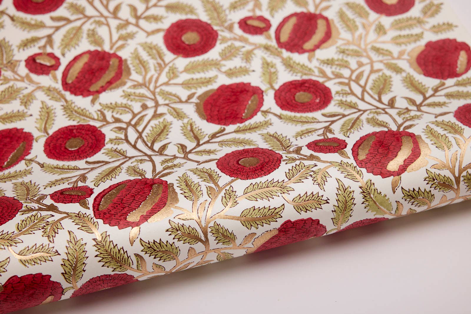Hand Block Printed Gift Wrap Sheets | Marigold Glitz Scarlet