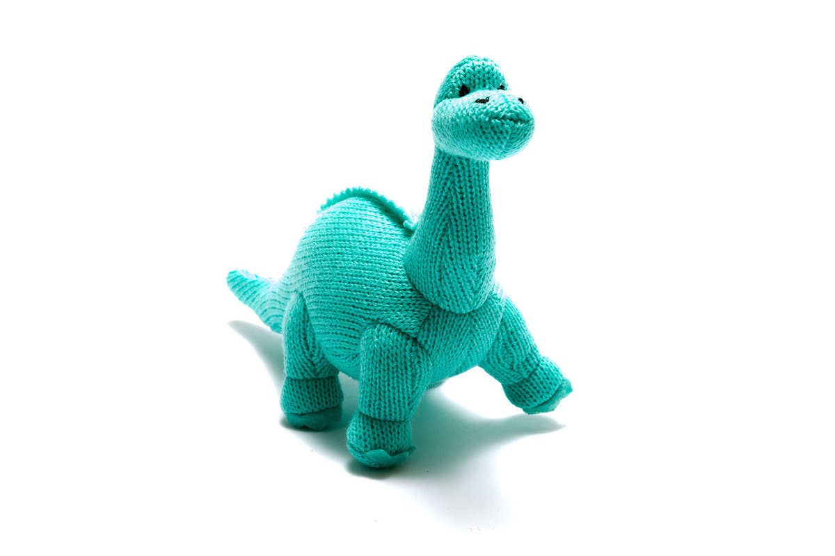 Knitted Diplodocus Dinosaur Baby Rattle | Ice Blue