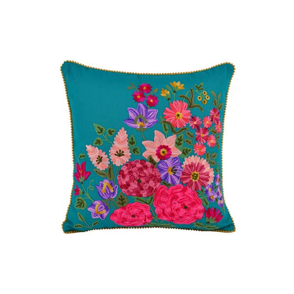 Teal Farmhouse Spring Floral Pillow 18x18"