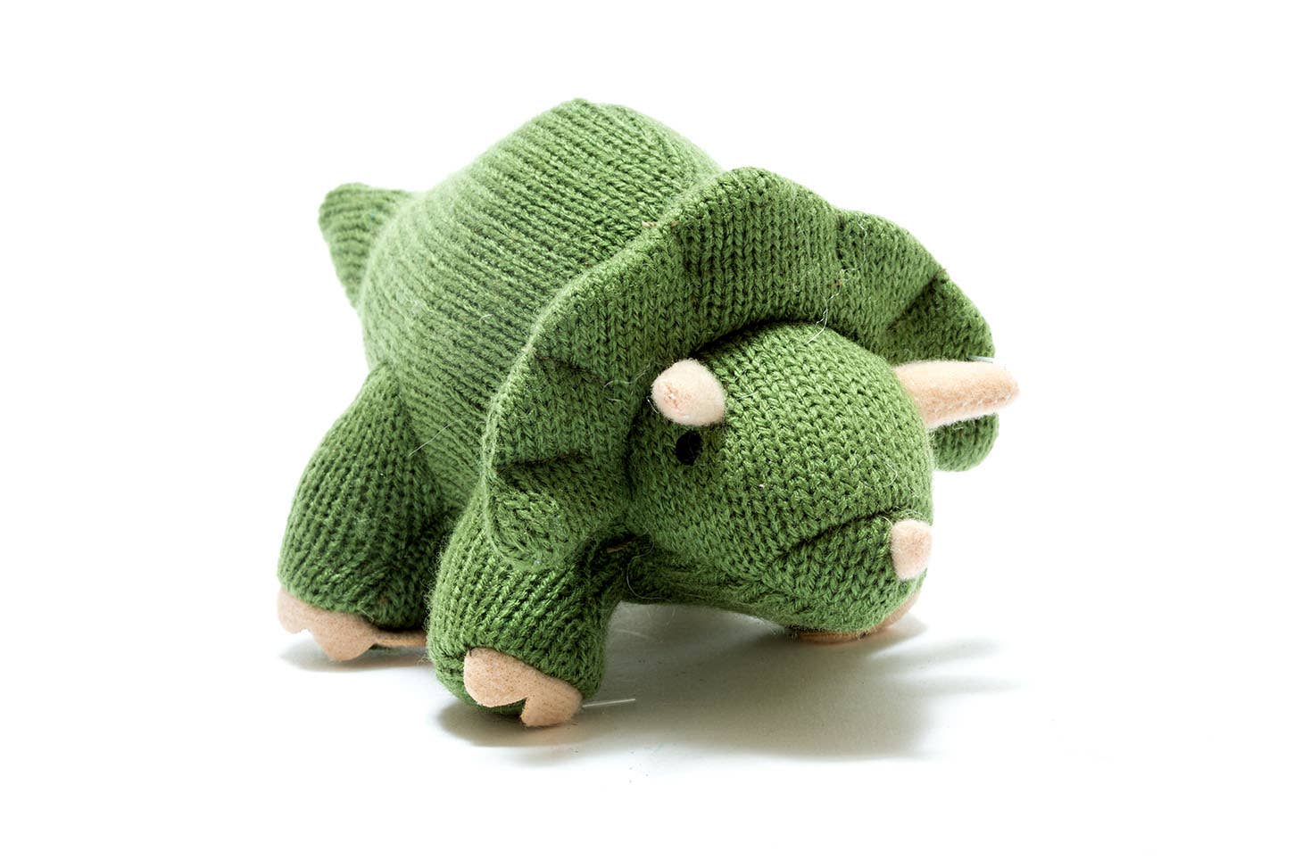 Knitted Triceratops Dinosaur Baby Rattle | Moss Green